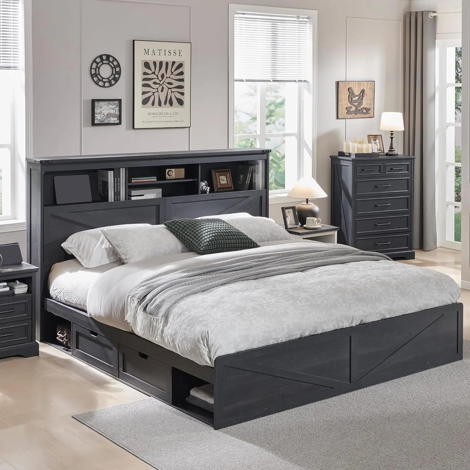 King Size Farmhouse Wood Bed Frame with Storage Bookcase Headboard, LED Light & Charging Station (Black)