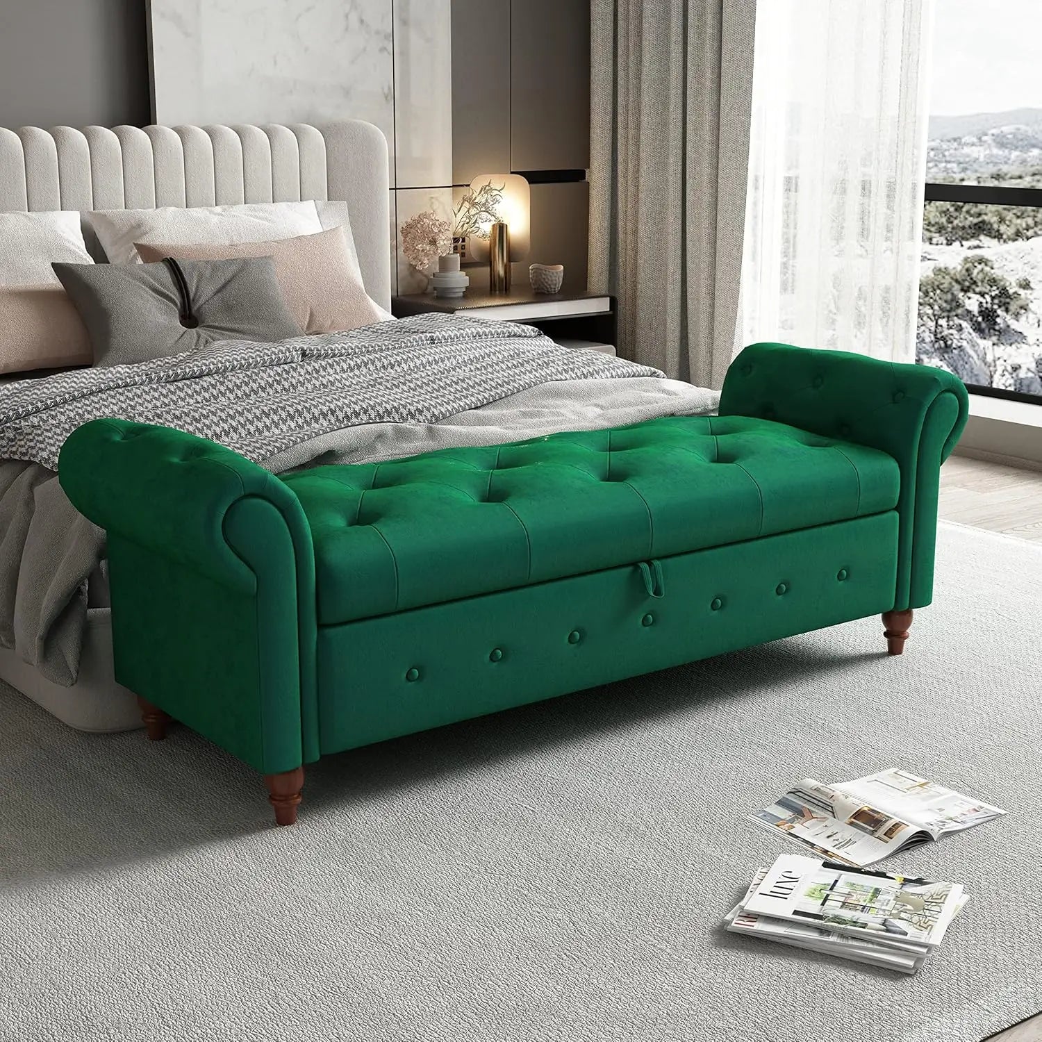 Storage Ottoman Bench – 63″ Button Tufted End-of-Bed Bench