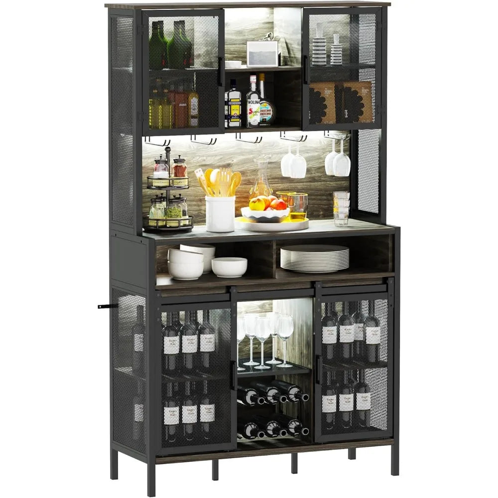 72″ Tall Bar Cabinet with LED Lights – Wine & Liquor Cabinet with Sliding Barn Door