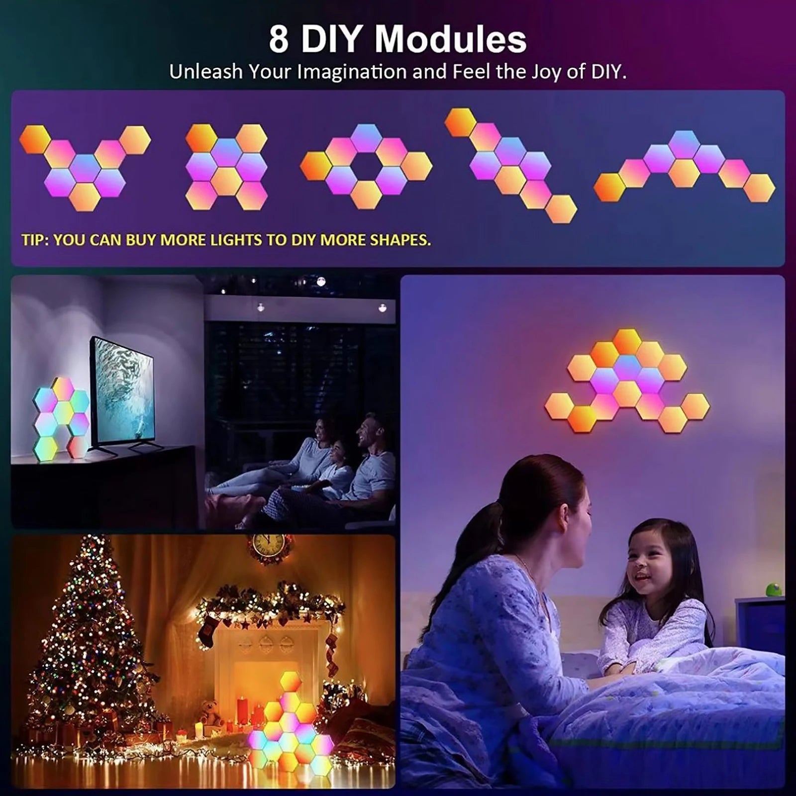 8/10/12 Pcs Hexagon LED Lights Modular DIY Hexagon Wall Light APP and Remote Control Smart RGB Gaming Light for Bedroom