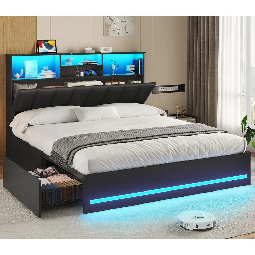 Queen Wooden Bed Frame with Bookcase Headboard – LED Lights, Charging Ports & Storage Drawers (Black)