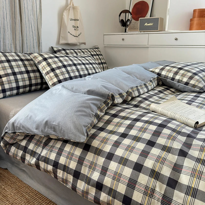 Cotton Plaid Duvet Cover Set – Soft & Breathable Bedding (2 Pillowcases)