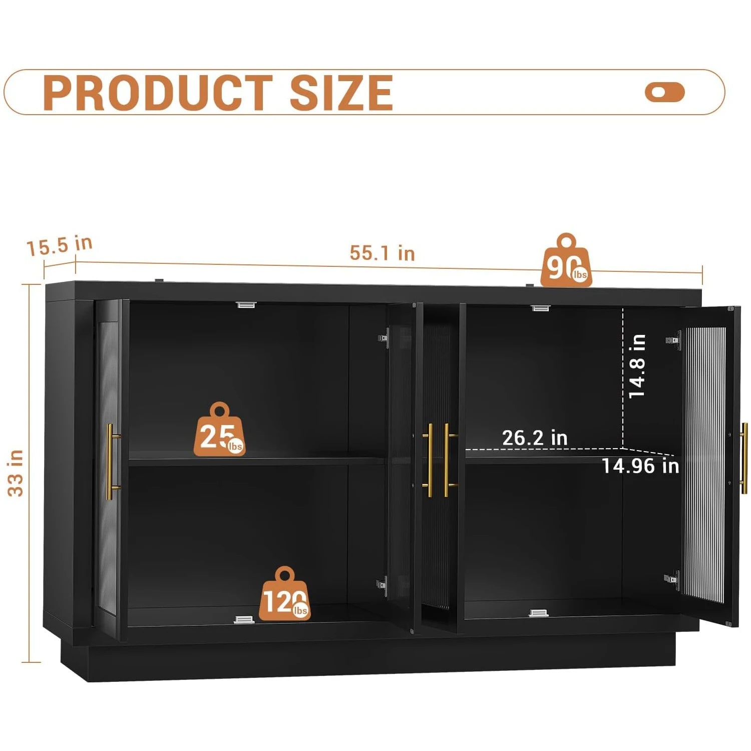 Buffet Cabinet with Storage 55.1" Large Wood Cabinet with 4 Fluted Glass Doors Black Modern Storage Cabinets for Dinning Room