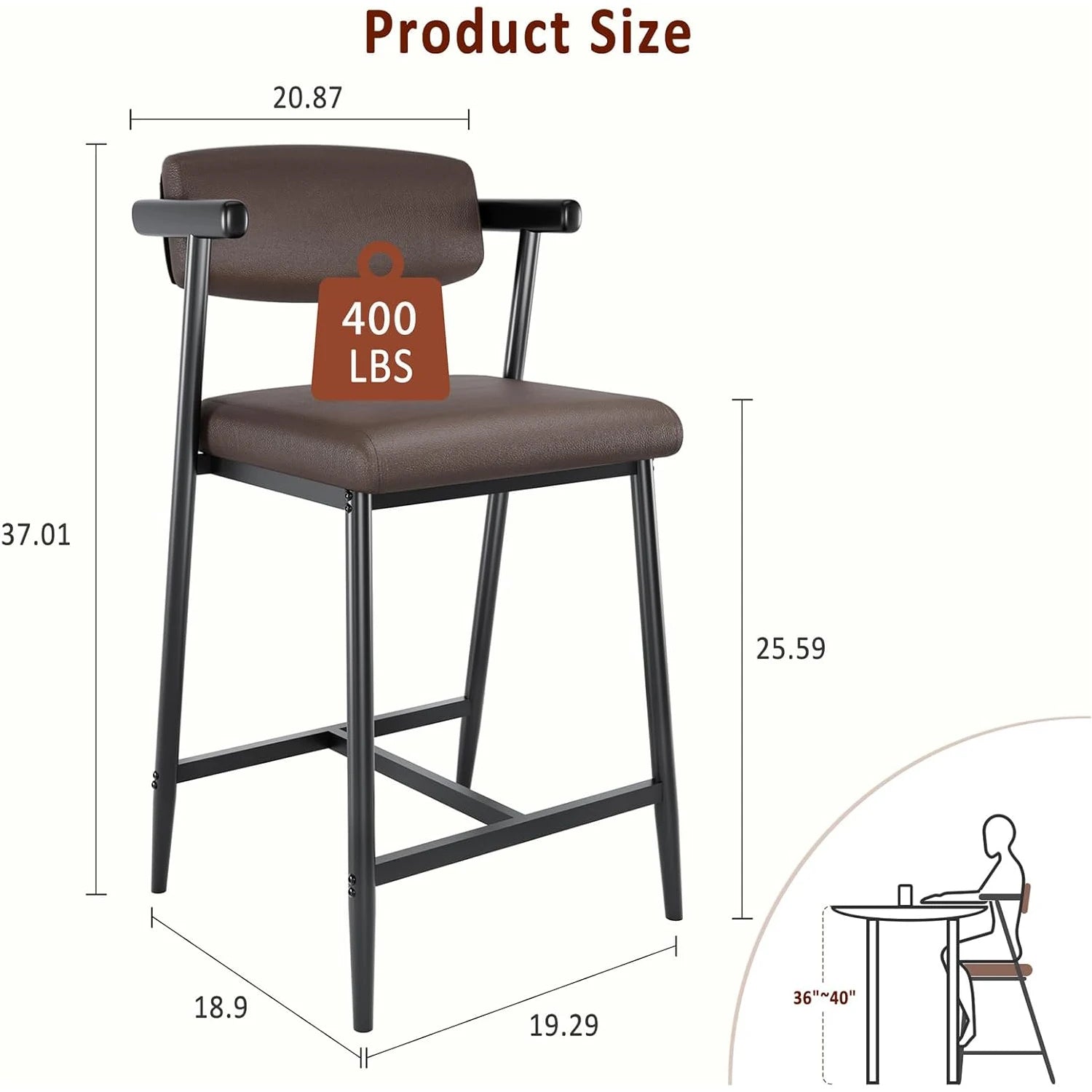26″ Counter-Height Bar Stools with Back & Footrest – Modern Metal (Set of 2)