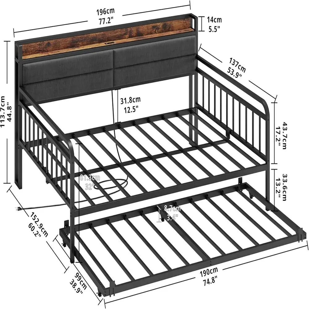 Metal Daybed with Trundle – Upholstered Headboard & Charging Station (Full / Twin XL)