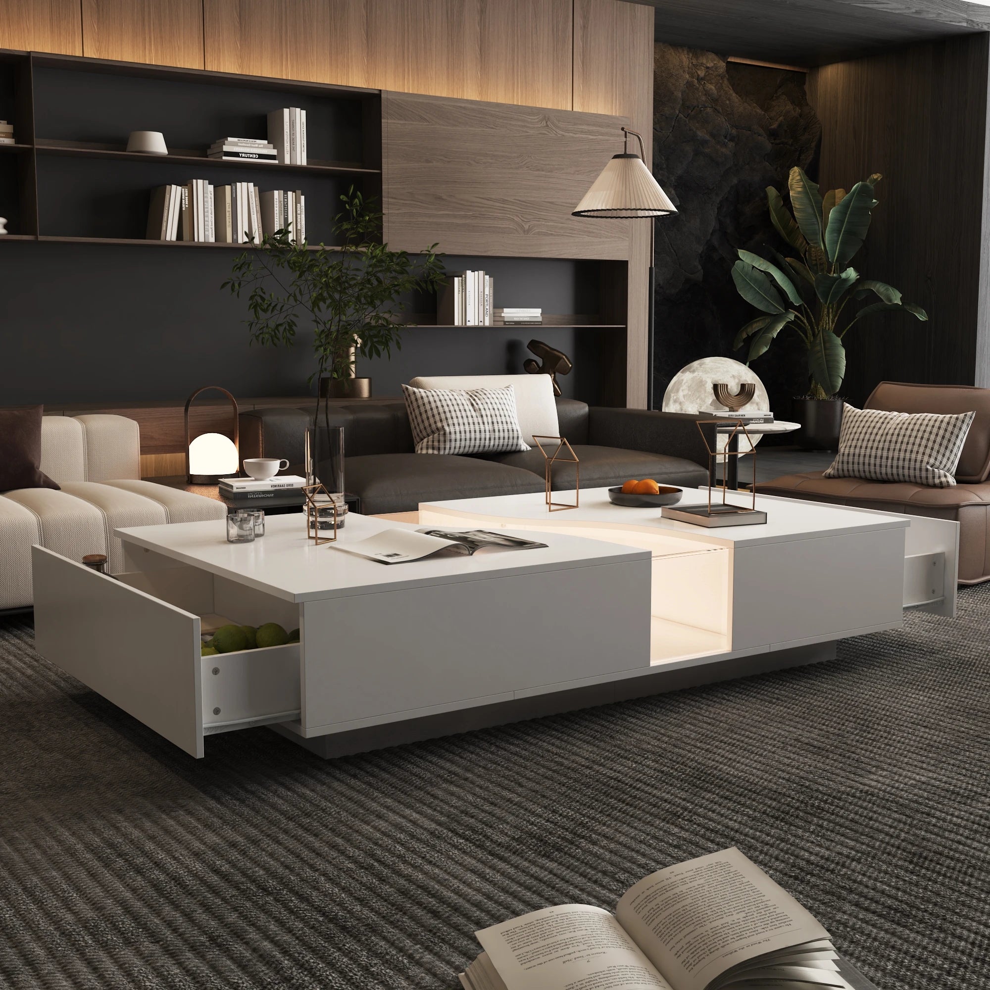 Modern LED Coffee Table – 55.1” Wide Center Table with 2 Storage Drawers