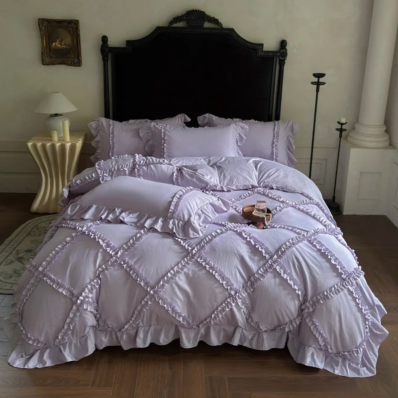 4Pcs French Princess Style Ruffles Bedding Set Double King Queen Size Wedding Bedroom Duvet Cover Flat/Fitted Sheet Pillowcases
