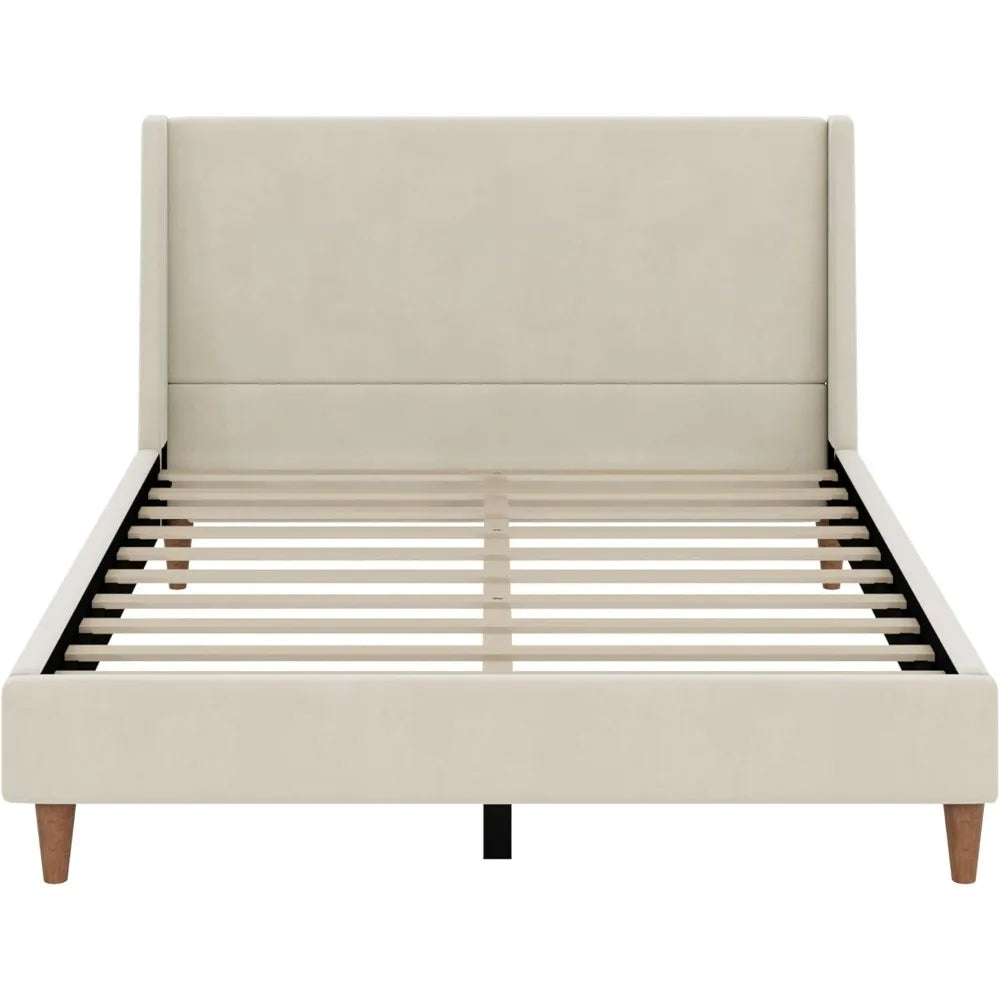 Queen Size Upholstered Platform Bed Frame – Modern Wingback Bed with Walnut Wooden Legs