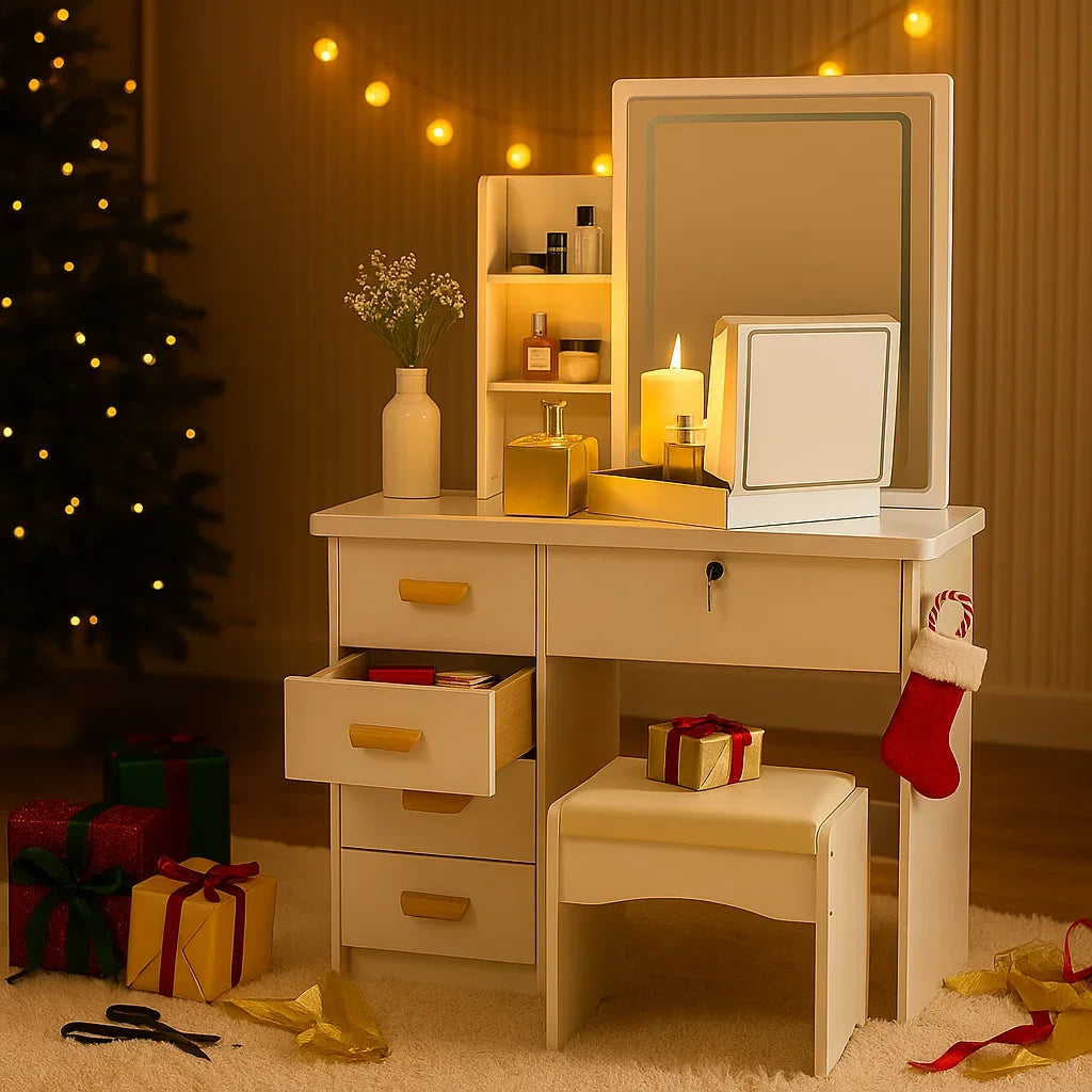Holiday Makeup Vanity Desk with Mirror & Drawers, Modern Dressing Table with Storage for Bedroom, Space-Saving Gift