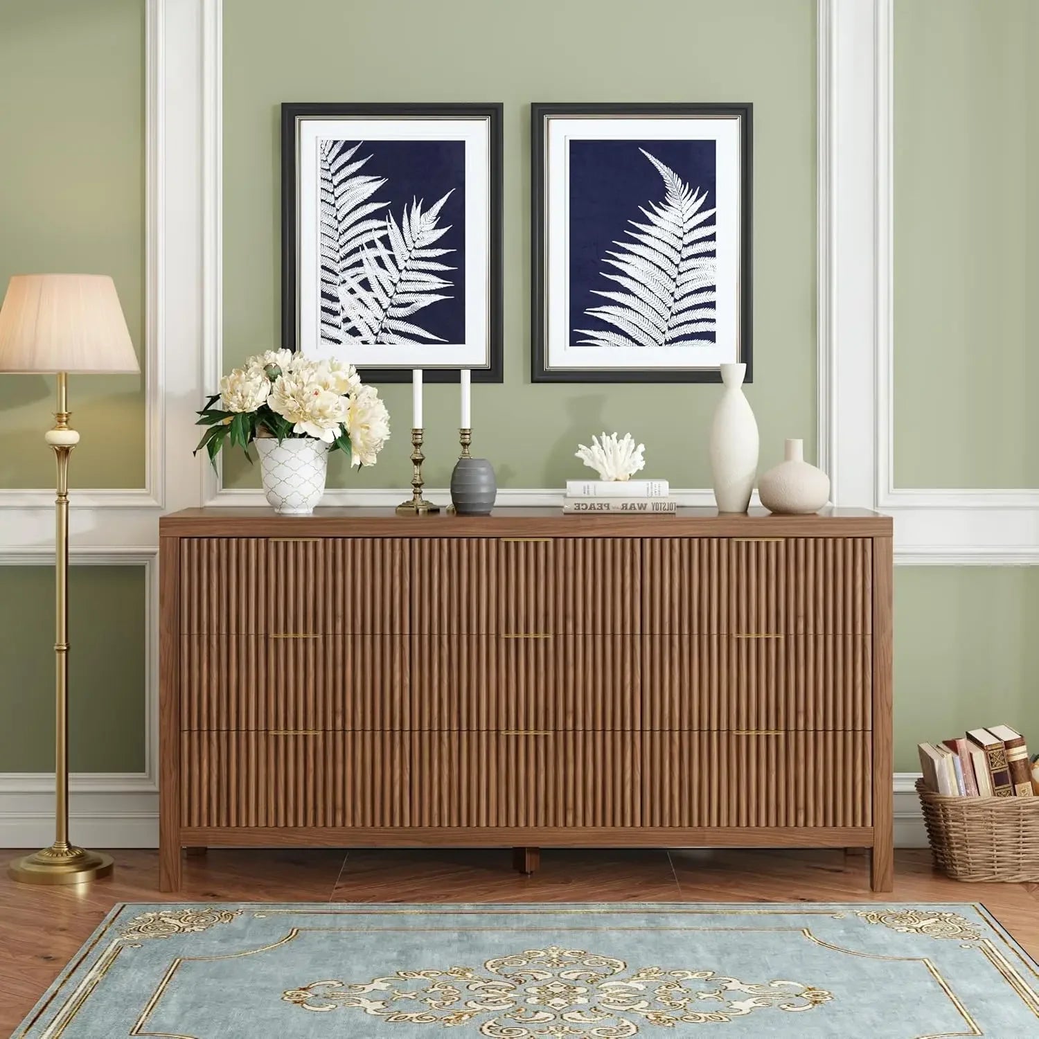 Storage Organizer Dresser with Solid Natural Wood Legs, Modern Large Chest, TV Stand, Mid Century Modern, 9 Drawers