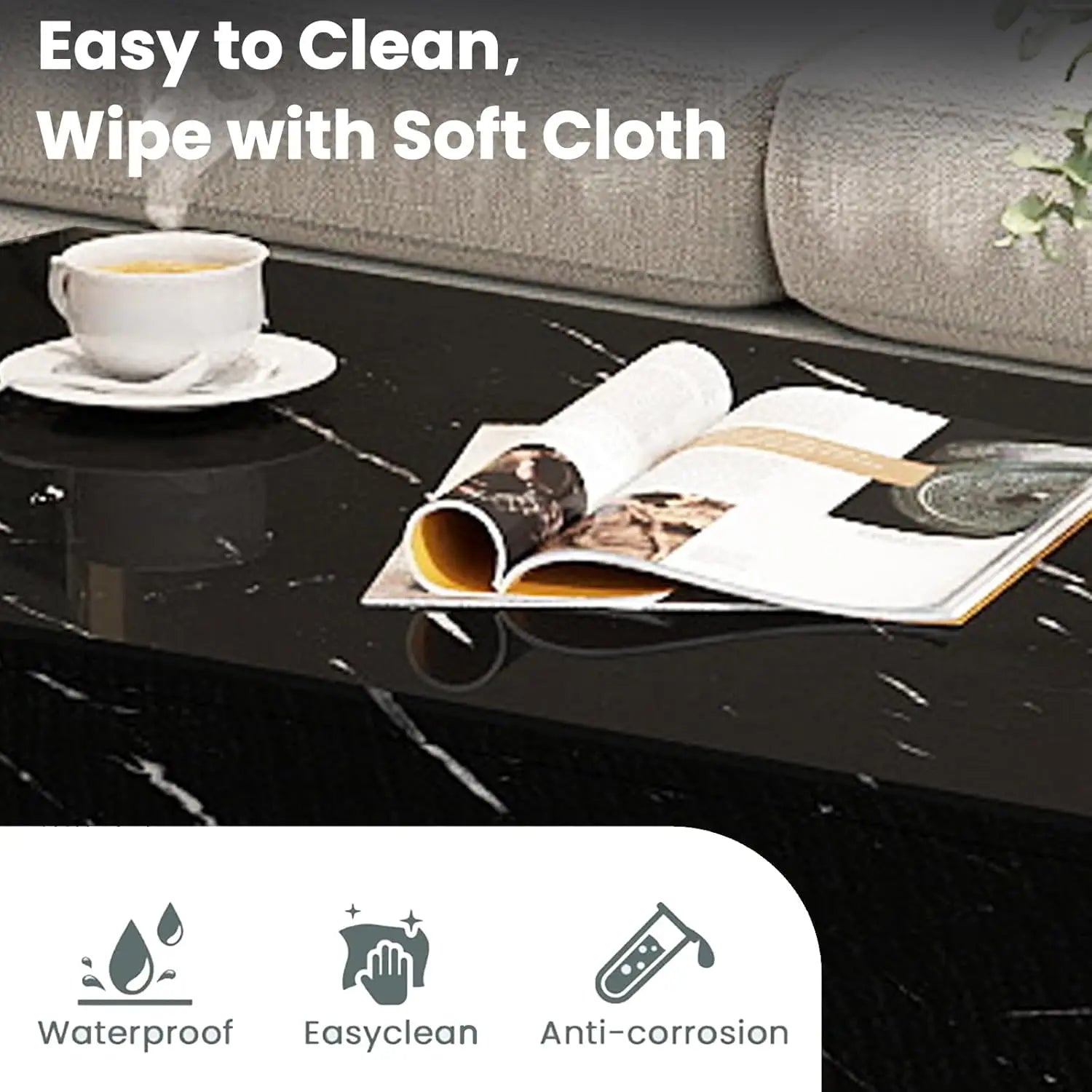 Modern Marble Coffee Table – 41.3” Rectangular High-Gloss Center Table for Living Room