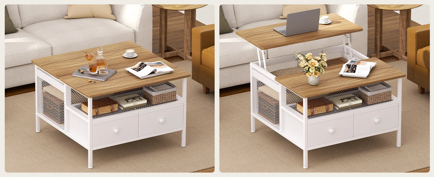 Farmhouse Lift-Top Coffee Table – Square Wood & Metal Table with Barn Door Storage