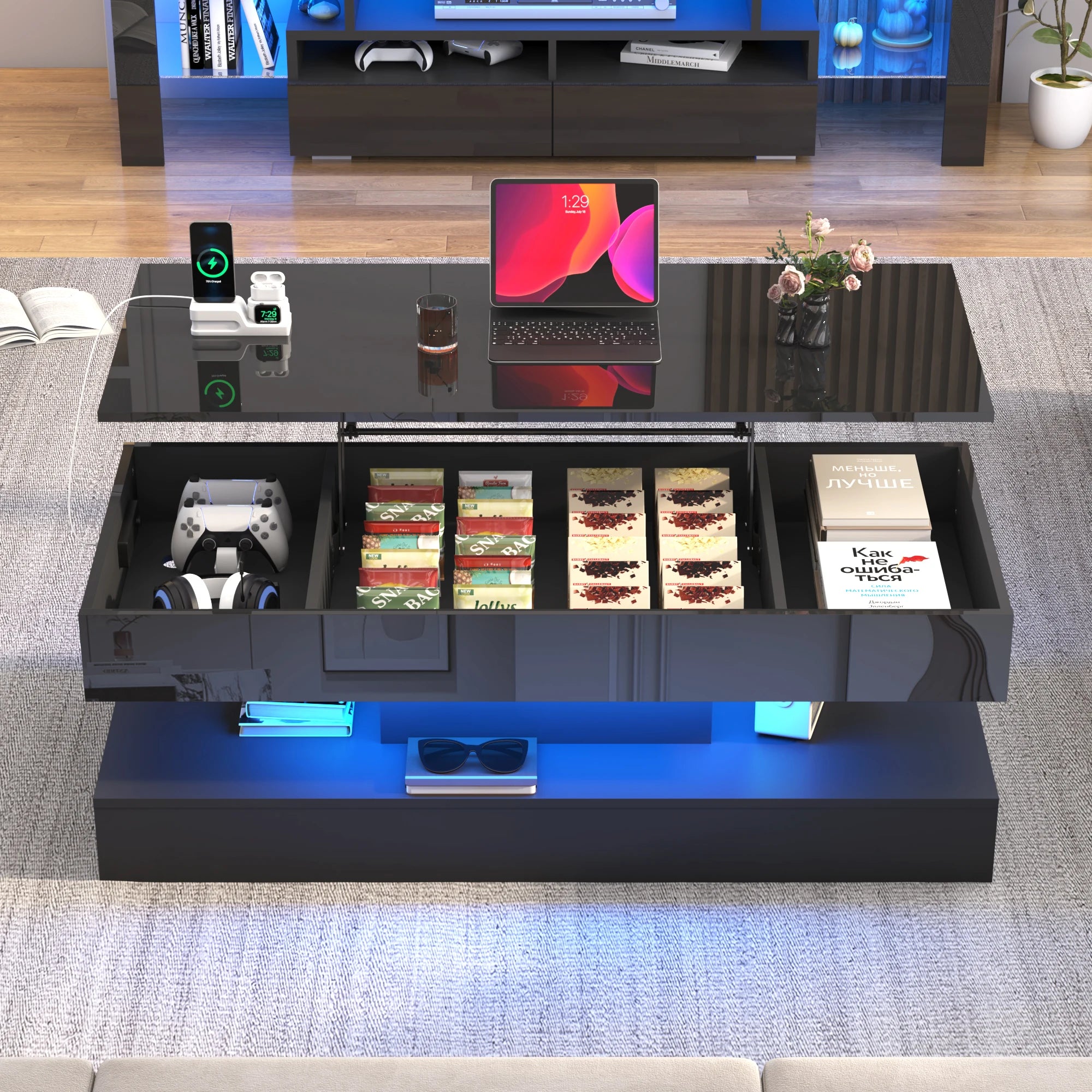 High-Gloss LED Coffee Table – White Center Table with Open Display Shelf & Large Storage