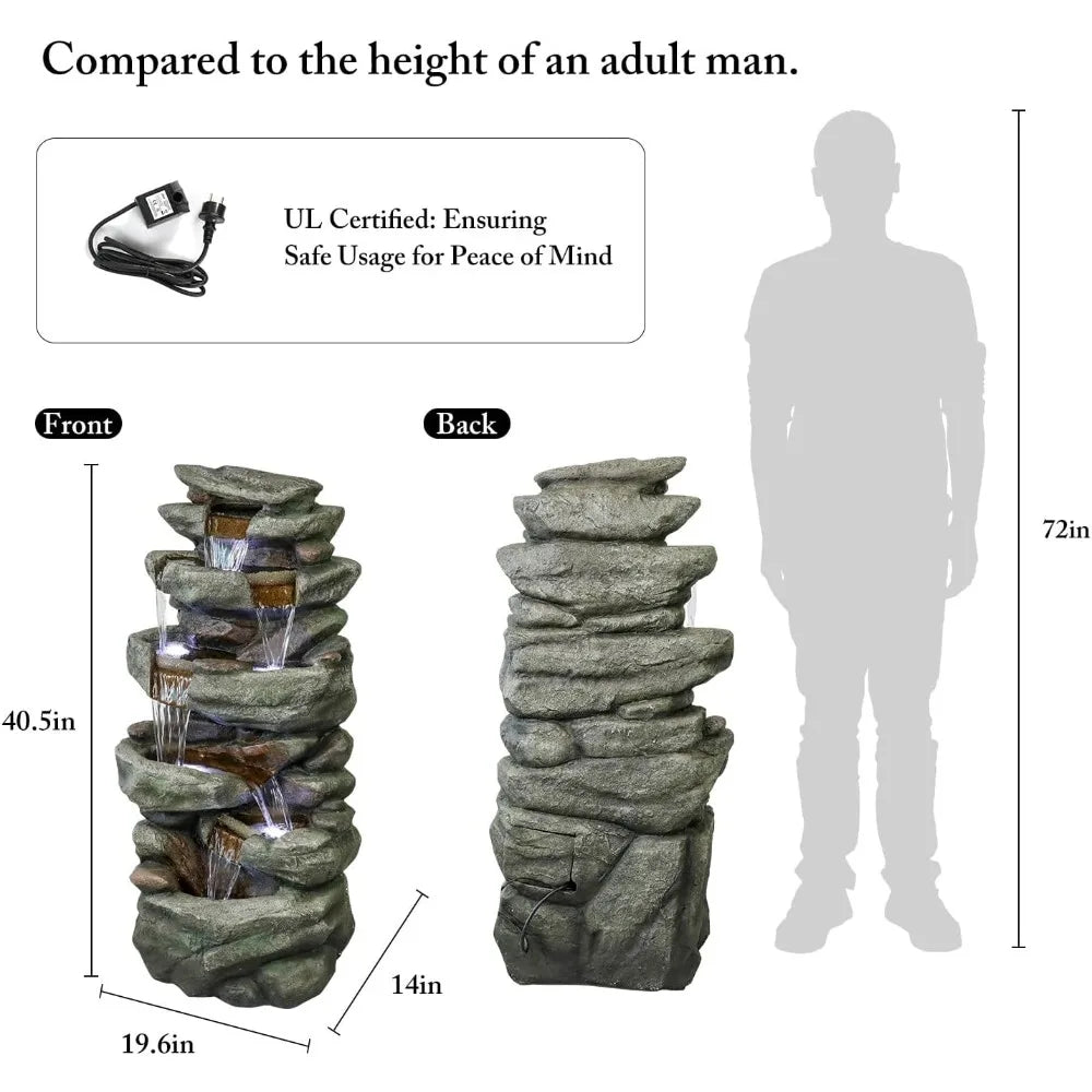 40.5” High Rocks Outdoor Water Fountain, 6-Tiers Cascading Waterfall with LED Lights, Soothing Tranquility