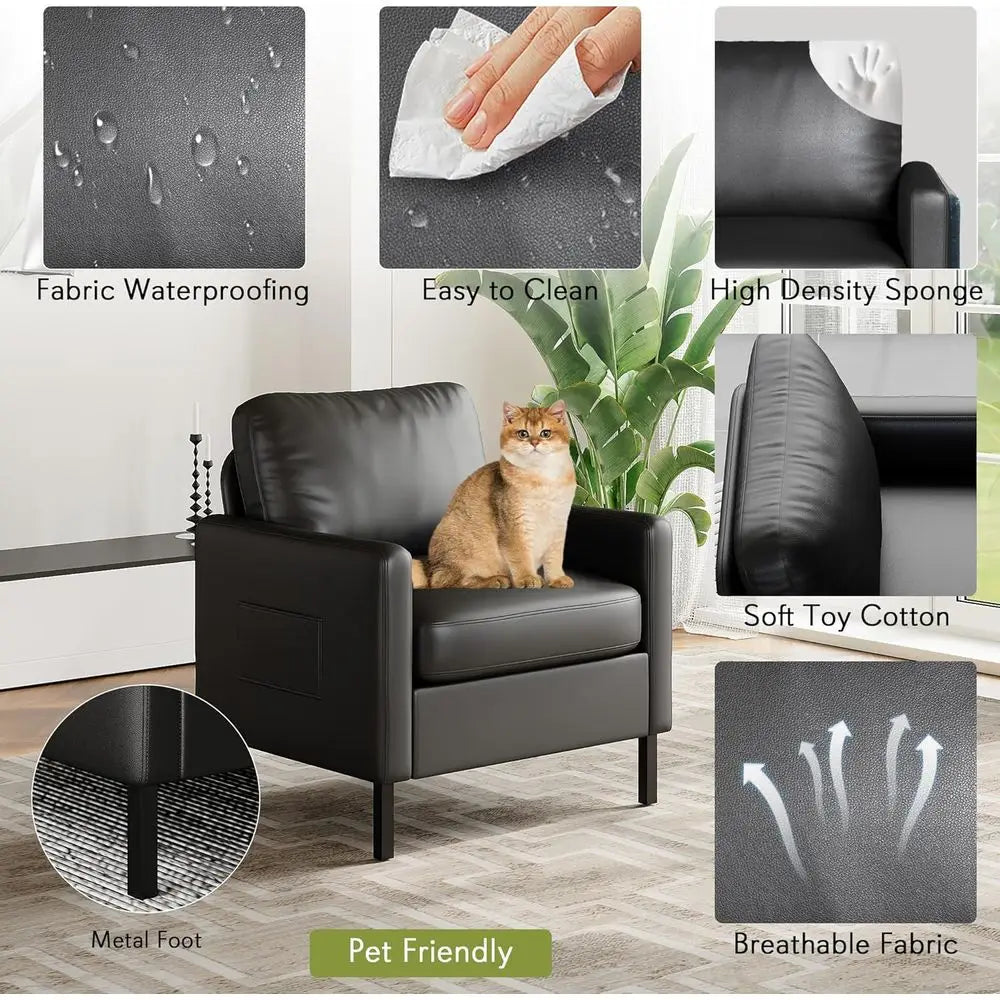 Black Leatherette Accent Chairs – Set of 2 with Arms and Metal Frame