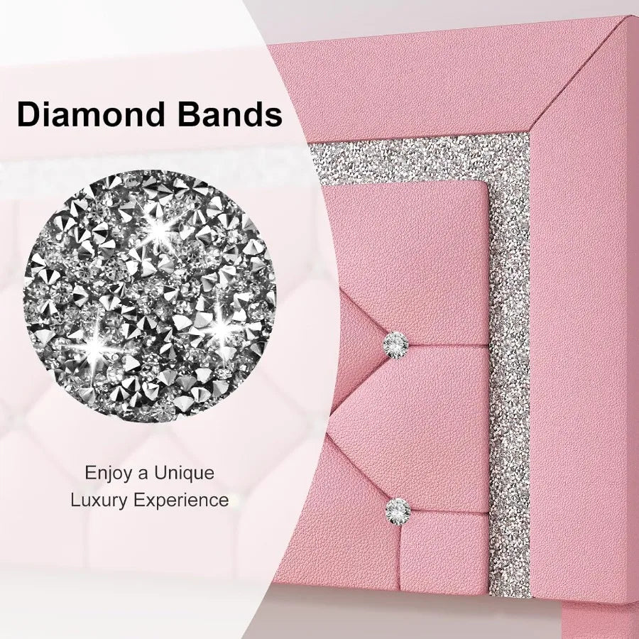 Pink Queen Faux Leather Upholstered Bed Frame – Diamond Headboard Platform Bed