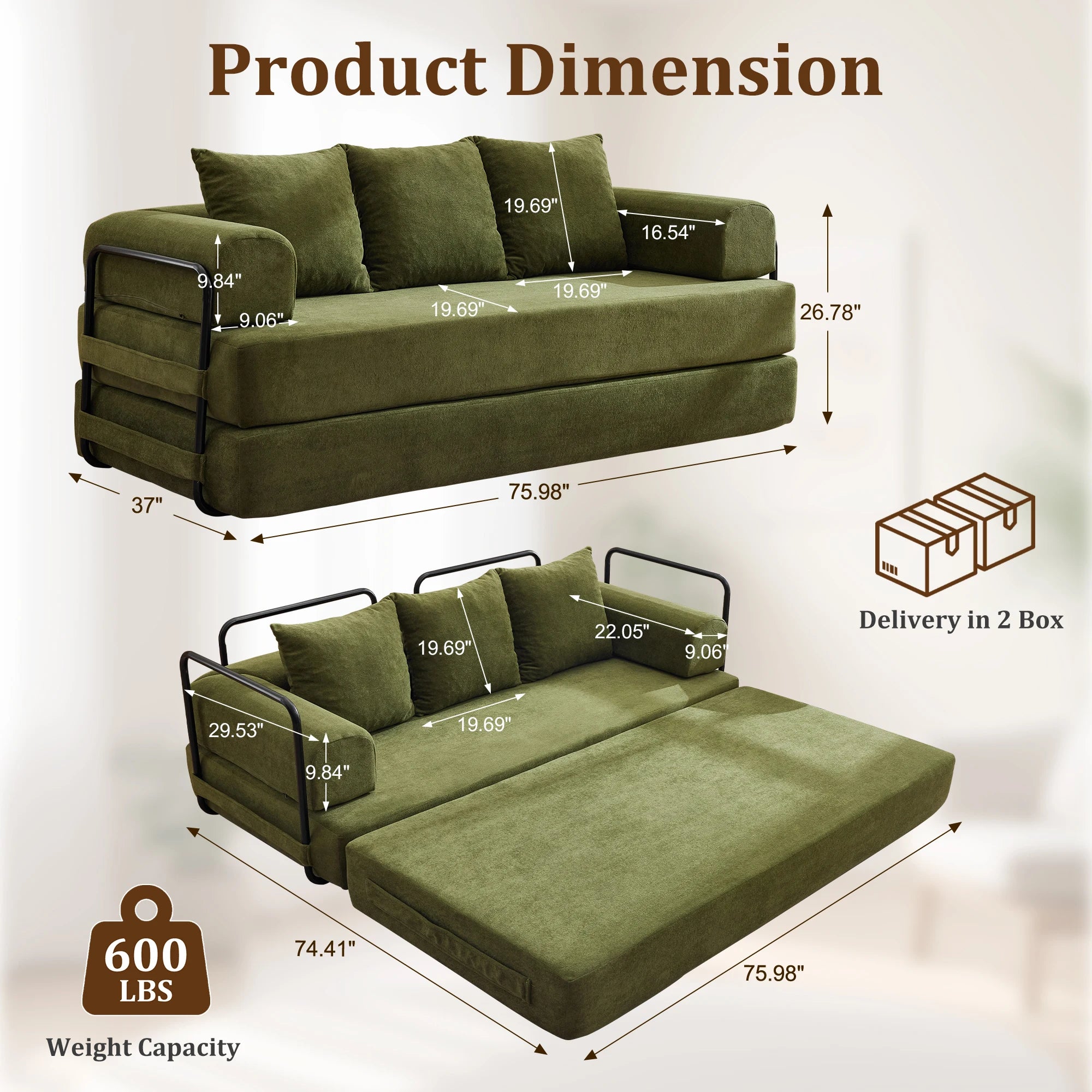 Korser Convertible Sofa Bed with Pillows Modular Floor Sofa with Fixed-Shape Frame Chenille Removable Folding Mattress Couch
