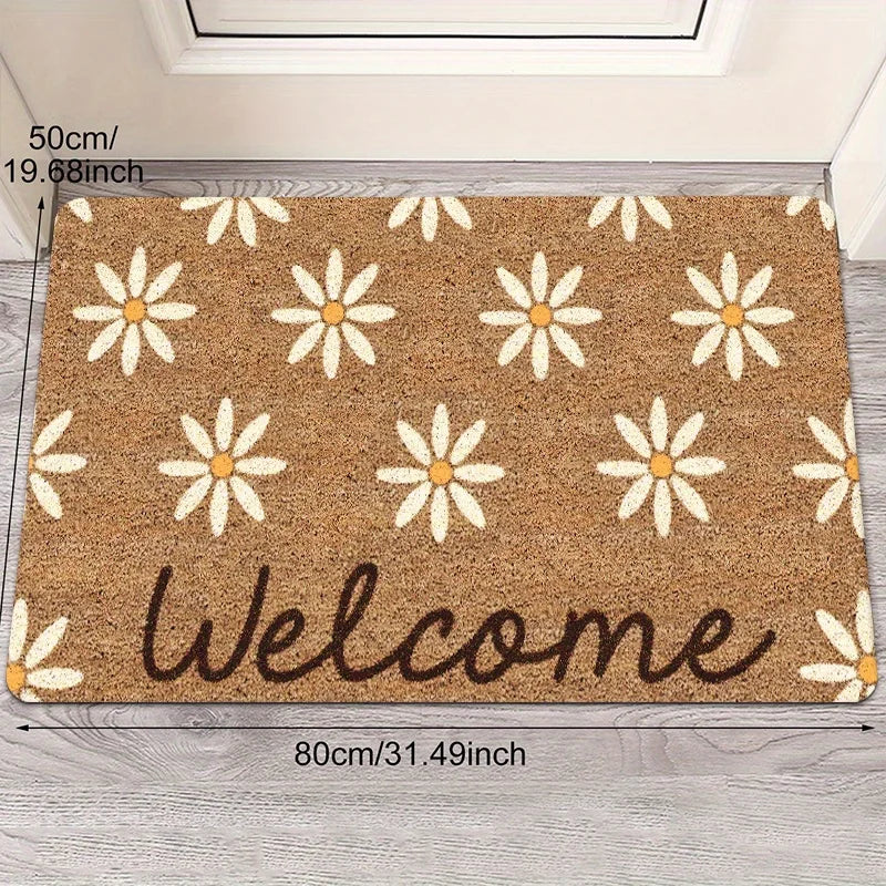 Daisy Welcome Mat – Floral Front Door Mat in Gold Diamond Plush, Machine Washable