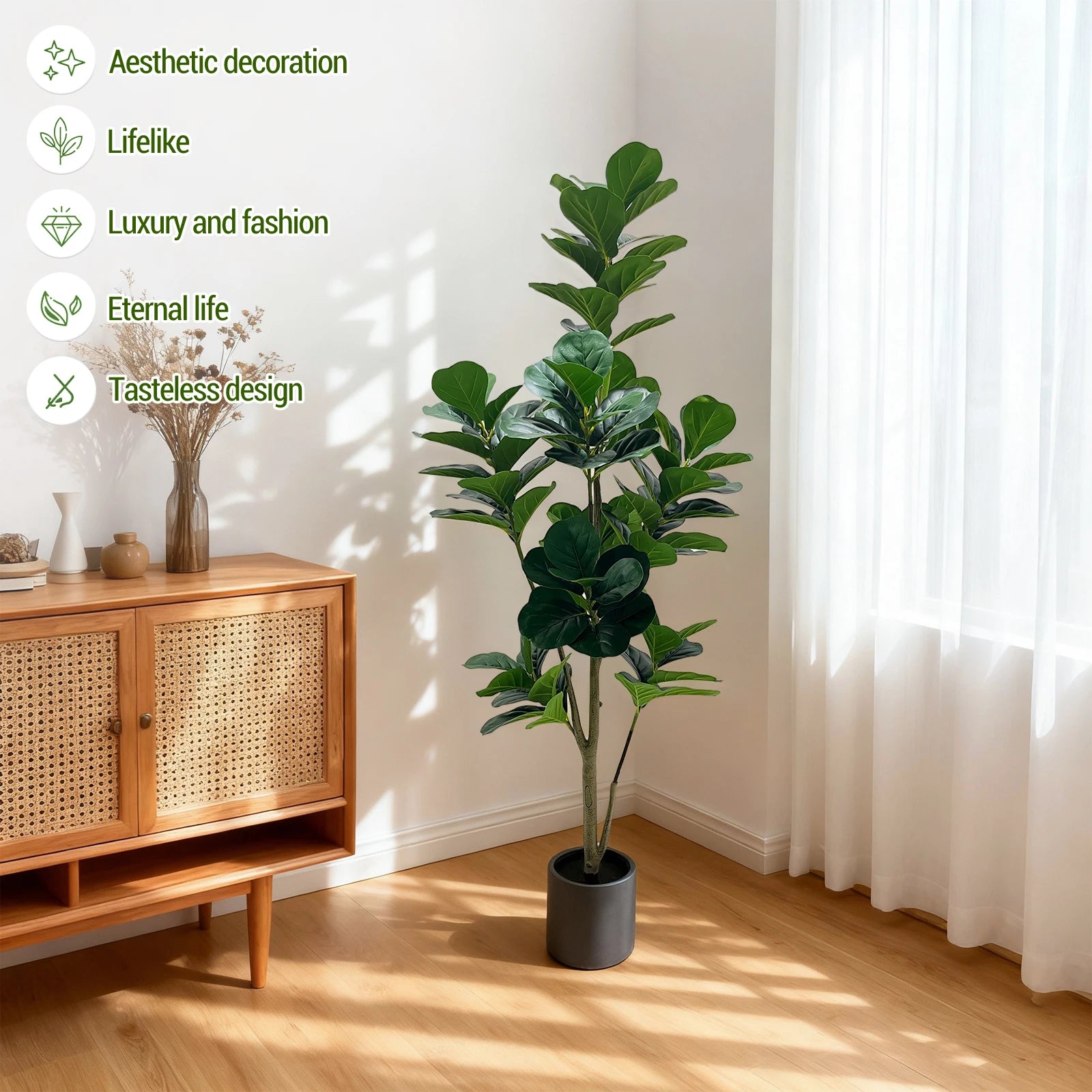 150cm Artificial Fiddle Leaf Fig Tree with Grey Planter Faux Floor Plant Indoor and Outdoor Fake Plant Tree Home Office Decor