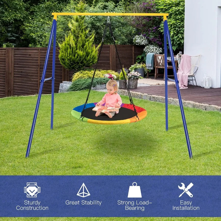 Heavy-Duty Metal A-Frame Swing Set – 40″ Saucer Swing with Adjustable Ropes