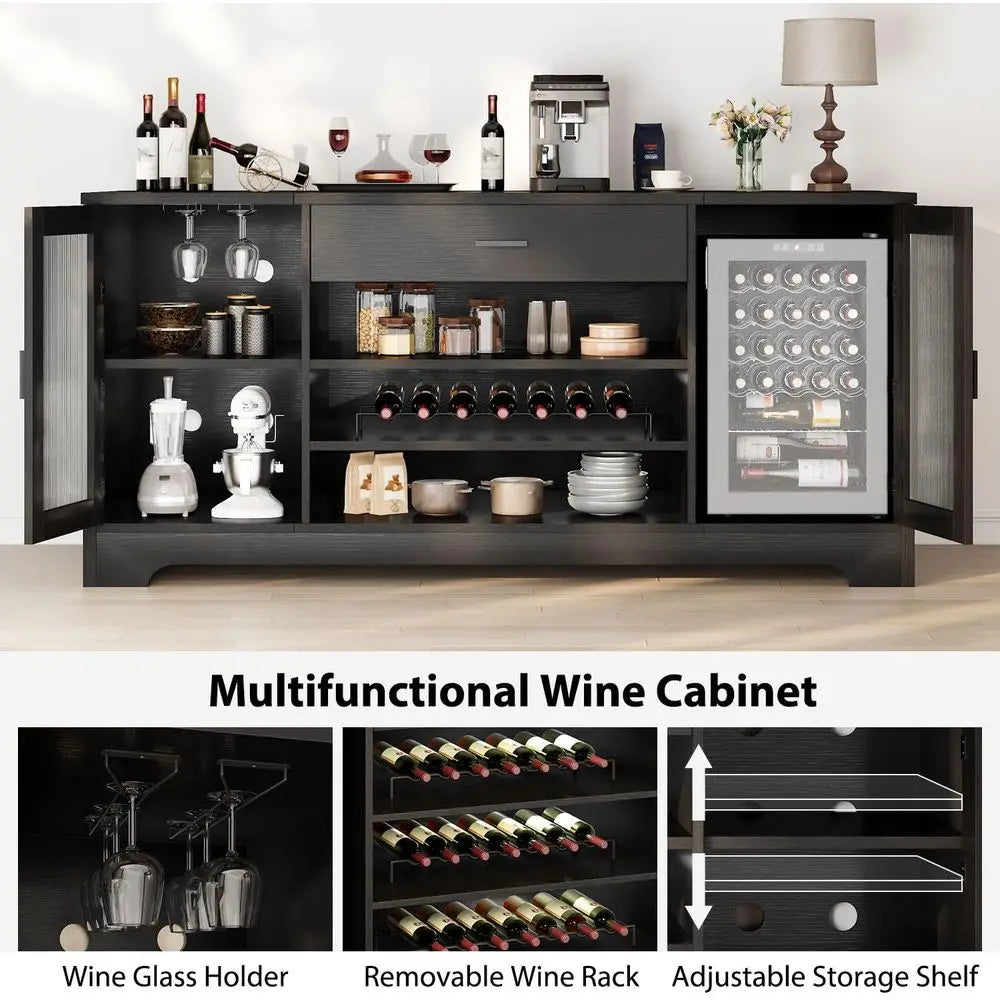 Long Bar Cabinet with Fridge Space – Modern Wood Coffee, Wine & Liquor Sideboard