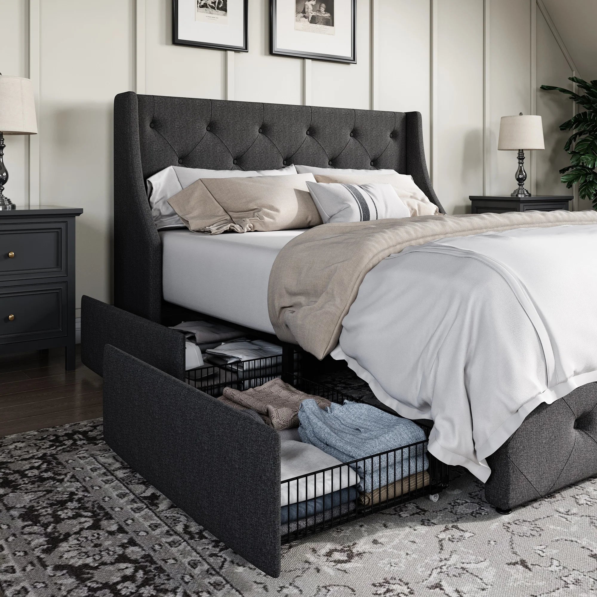 Upholstered Platform Bed Frame with 4 Storage Drawers – Wingback Button-Tufted Headboard