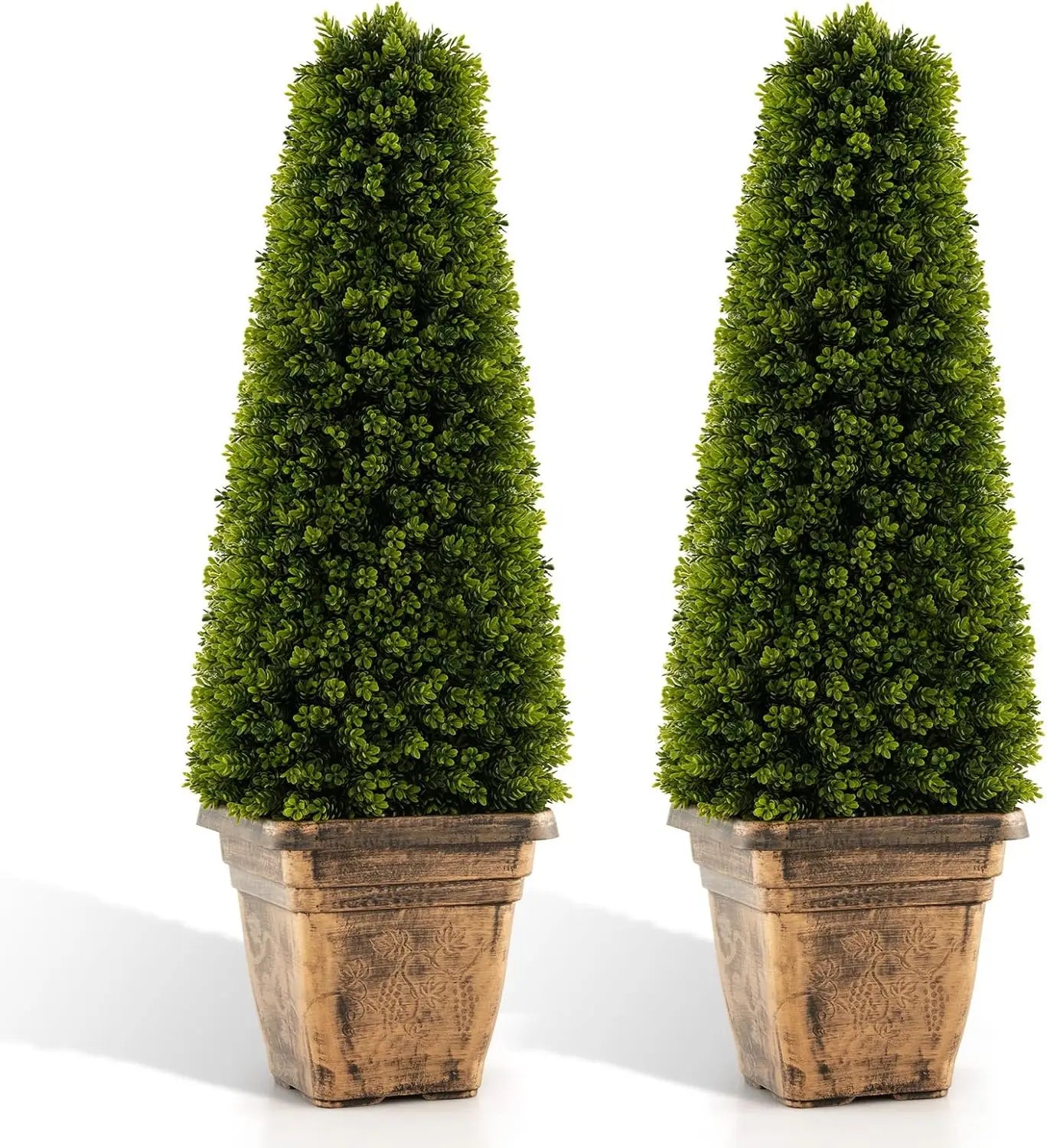 2 Pack 3FT Artificial Boxwood Topiary Tree, Faux Boxwood Tree with Cement-Filled Pot, Fake Potted Bushes and Shrubs for Indoo