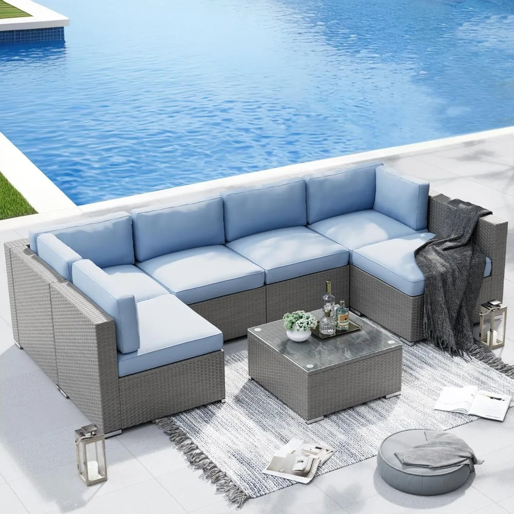 Outdoor Patio Furniture Set 7 Piece Outdoor Sectional Sofa Grey Wicker Conversation Sofa Set with Coffee Table and Cush