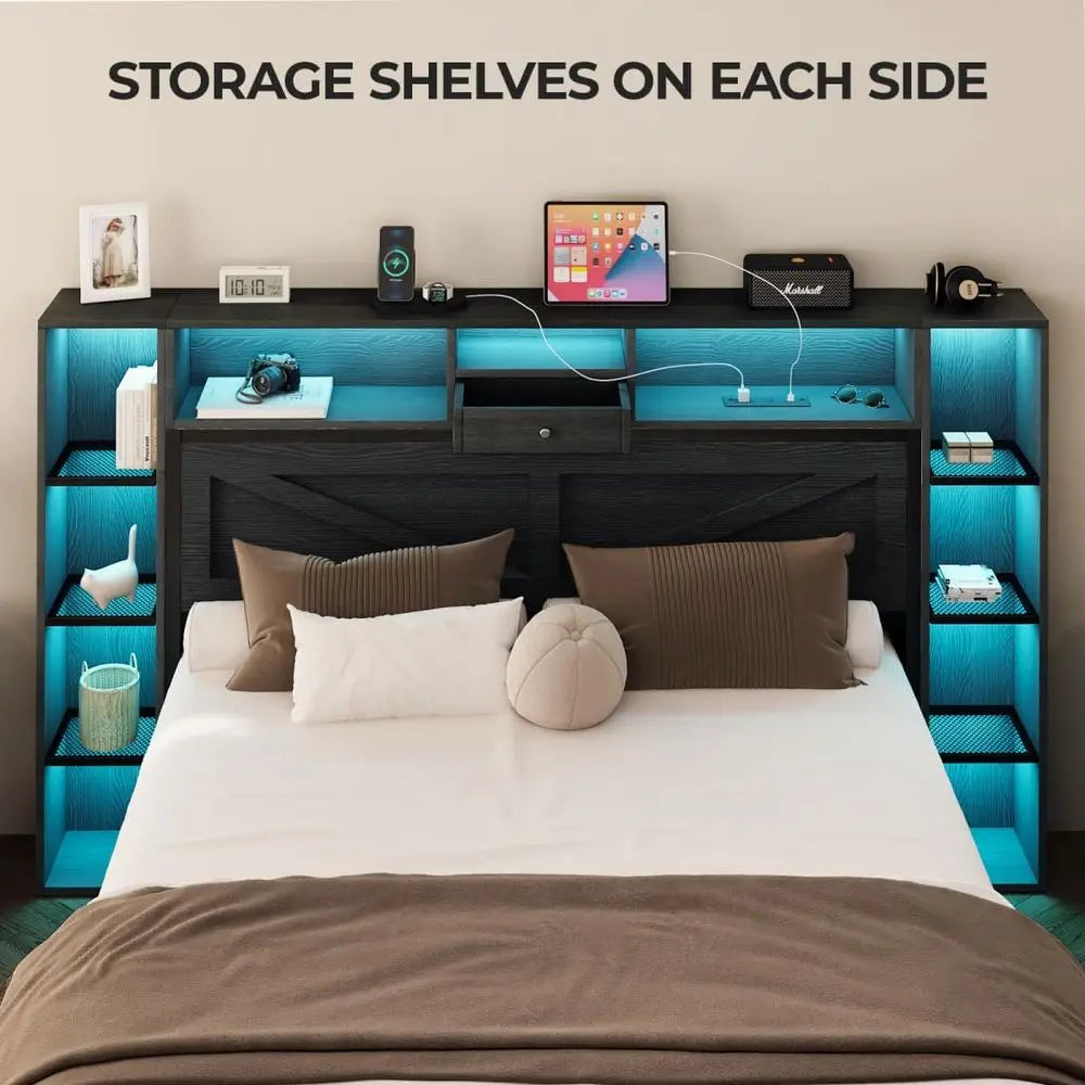 Queen Size Black Farmhouse Bed Frame – Bookcase Headboard with Storage, LED Lights & Charging Station