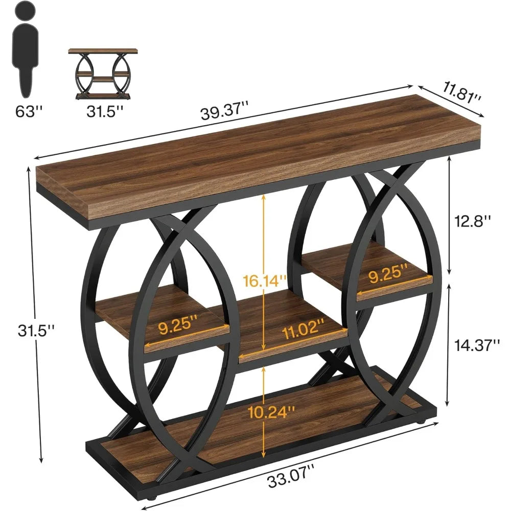 39.4"Console Table, Industrial 4-Tier Sofa Table Entryway Table with Storage Shelves, Narrow Wood Accent Tables with Metal Frame