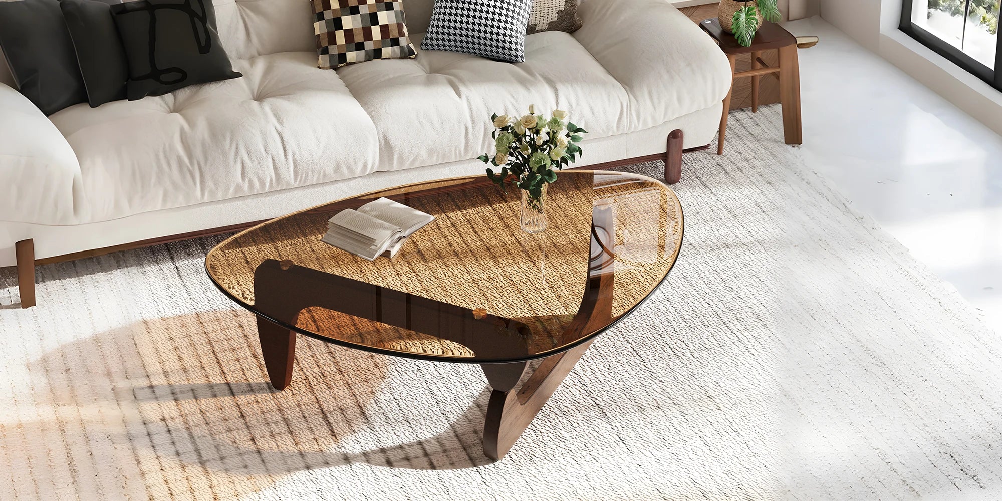 Modern Irregular Accent Coffee Table – Amber-Tinted Tempered Glass Center Table