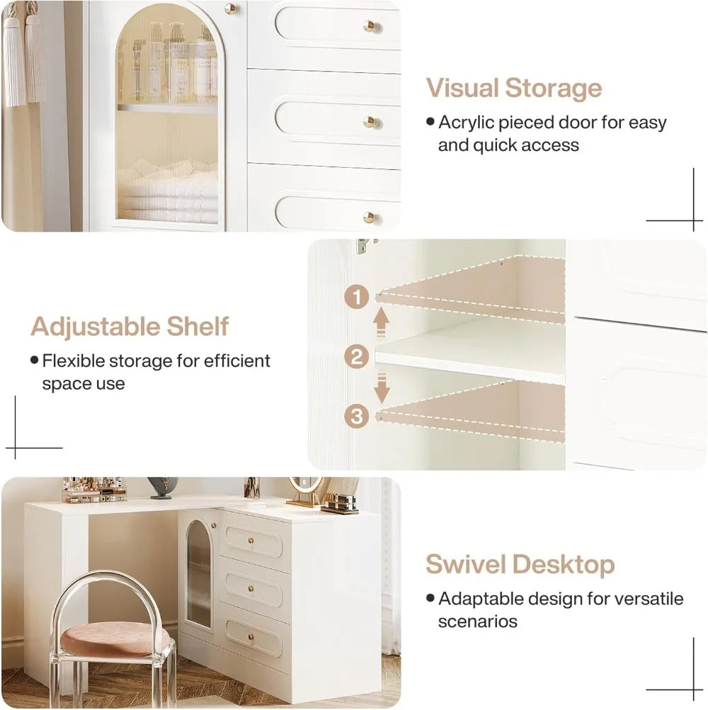 Modern L-Shaped Makeup Vanity Desk with 3 Drawers And Reversible Extendable Cabinet 78 Inch Corner Dressing Table for Bedroom