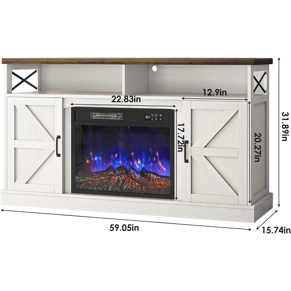 TV Stand with Fireplace, 59in Entertainment Center with LED Lights, for 65 inch TVs, with Opening Shelves and Storage Cabinets