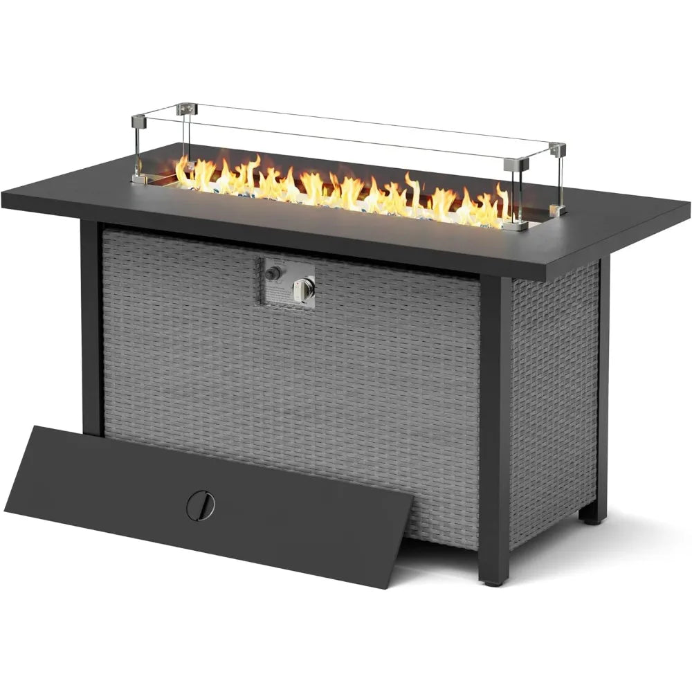 45 Outdoor Propane Gas Fire Pit Table, 50000 BTU Rectangle Rattan Propane Fire Table for Garden, Backyard, Deck Patio