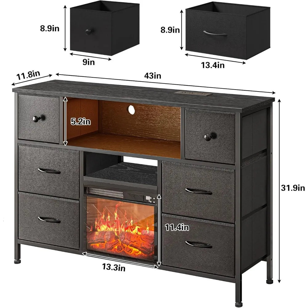 TV Stand with Fireplace, Entertainment Center with Power Outlets and LED Lights, TV Stand Dresser for 50 inch TV, 6 Drawers