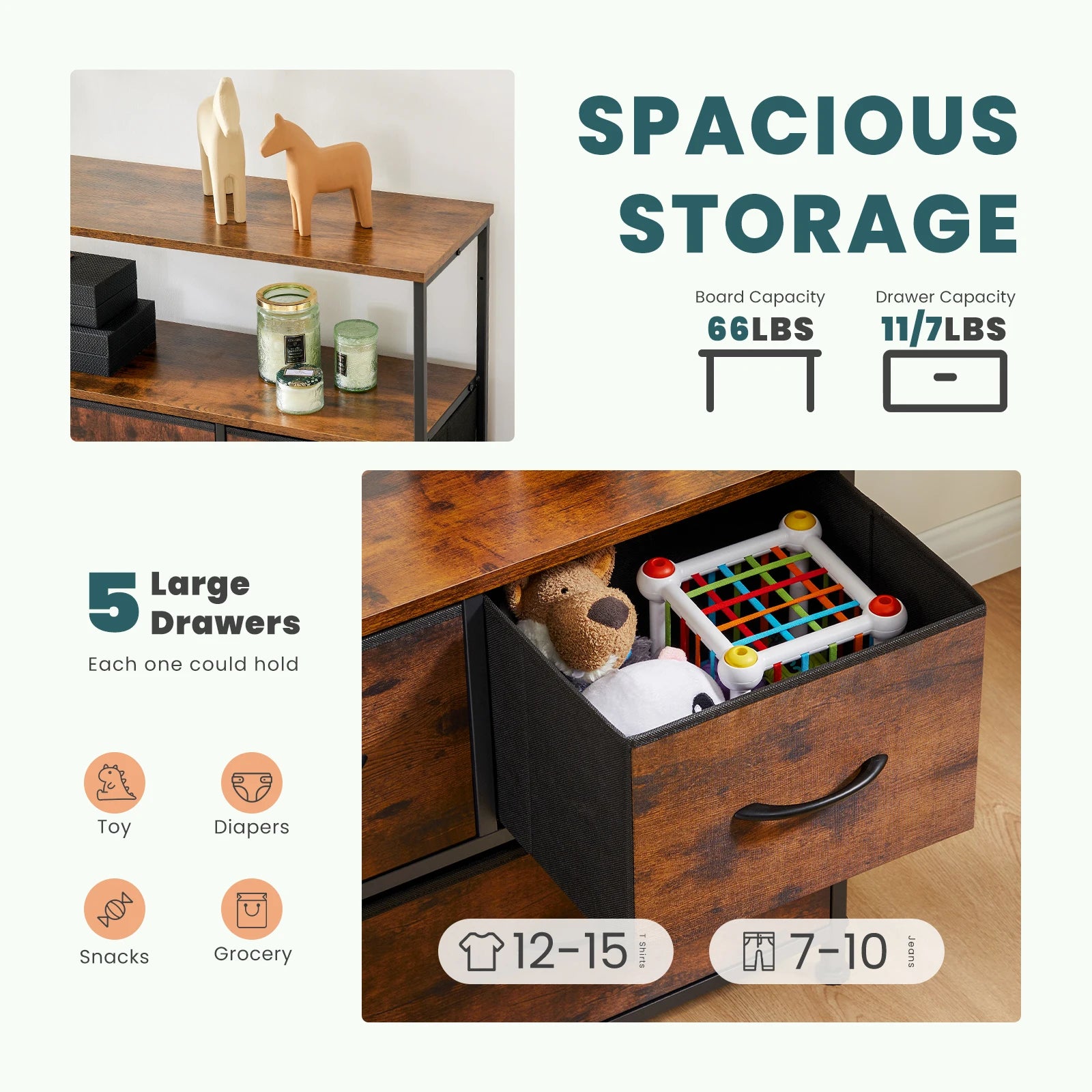 JHK TV Stand Dresser For Bedroom With 5 Fabric Drawers Storage Closet Chest Clothes Storage Display Cabinet Furniture