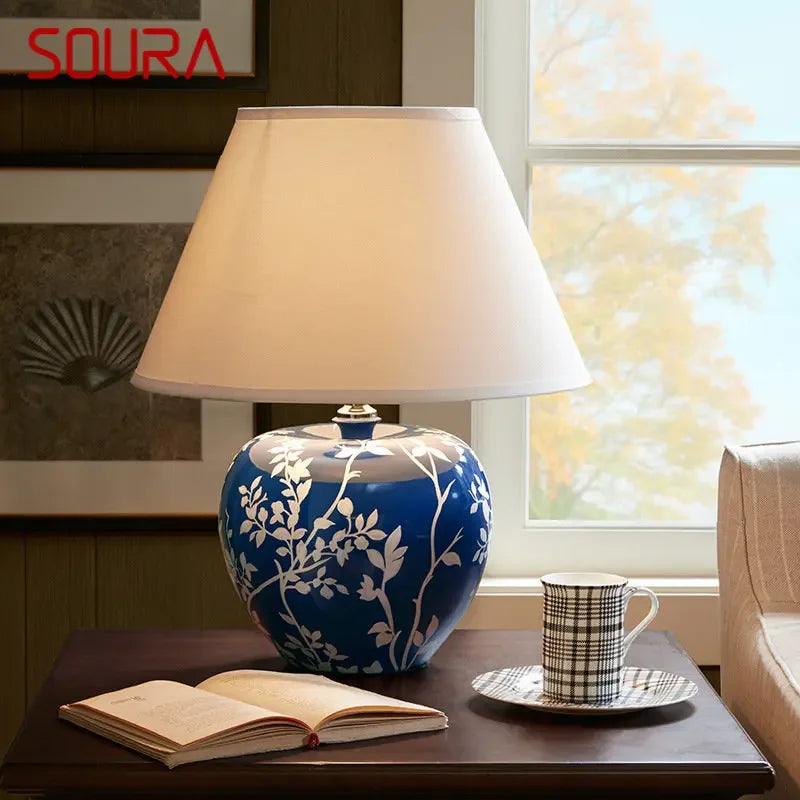 Modern Blue Ceramic Table Lamp Creative Vintage LED Desk Light for Decorative    Bedside