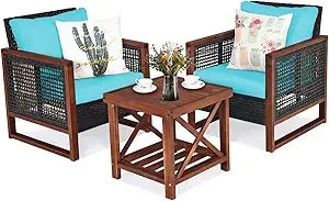 3 Pieces Patio Wicker Furniture Set, Rattan Outdoor Sofa Set w/Washable Cushion & Acacia Wood Coffee Table, Conversation Bistro