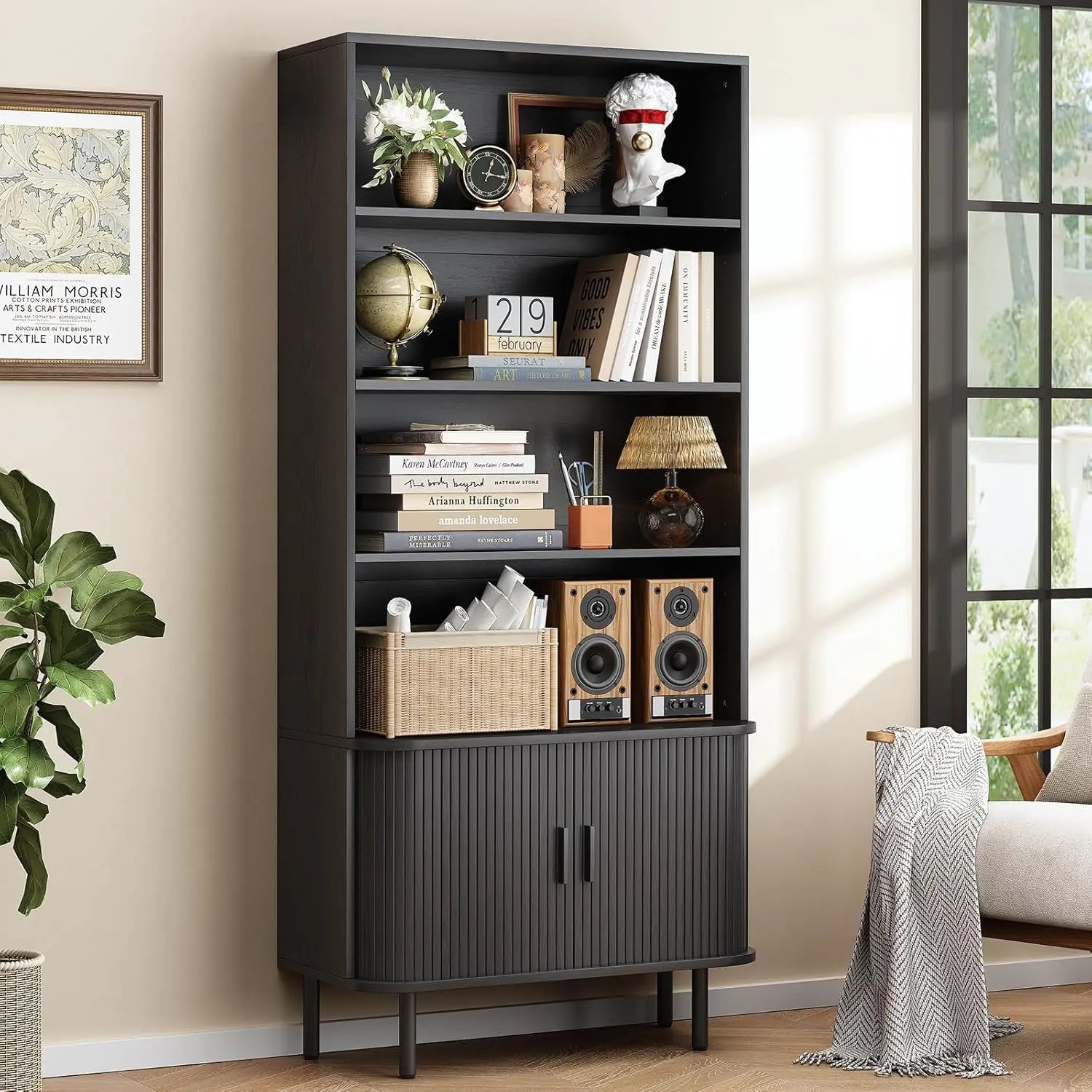 71″ Tall 4-Tier Bookshelf with Storage Cabinet & Sliding Door