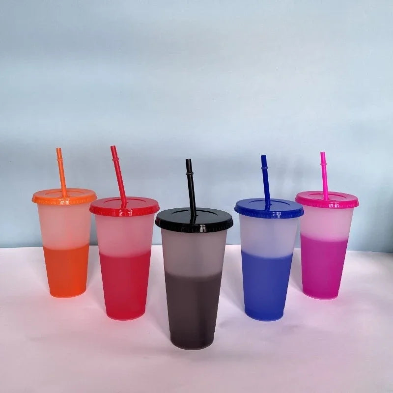 New 24oz 10Pcs Color Changing Cups with Lids and Straws 710ml Plastic Tumblers Cute Iced Coffee Cup Reusable Cups Bulk
