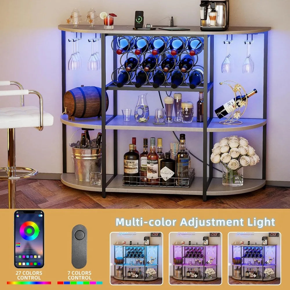 Freestanding Wine Bar Cabinet – LED Lighting with Power Outlets & Glass Holder