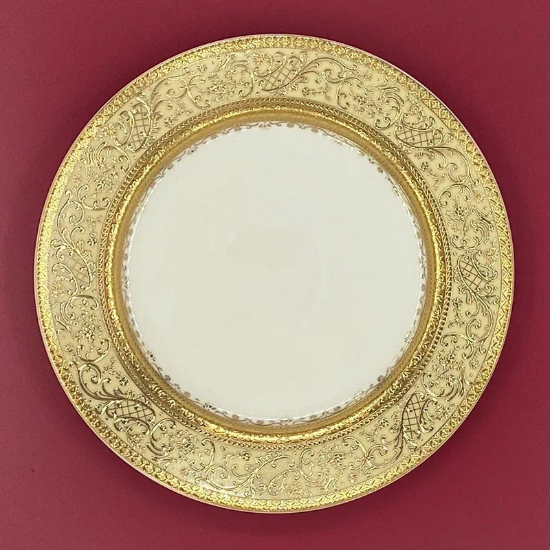 7″ Embossed Disc Bone Plate with Gold Edge – Light Luxury Dinner & Dessert Plate