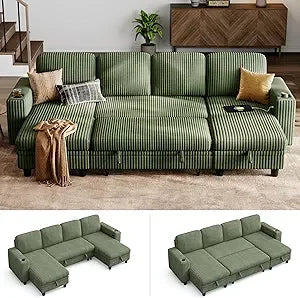 Sectional Sleeper Sofa with Pull Out Couch Bed - Convertible Plush Corduroy Cloud Couch with Storage Chaise & USB Charging, Com