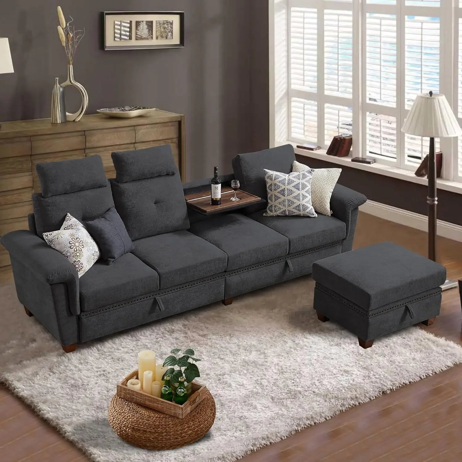 4 Seat L Shaped Convertible Sofa with Storage Chaise And Cup Holder Modern Microfiber Fabric Couch for Living Room