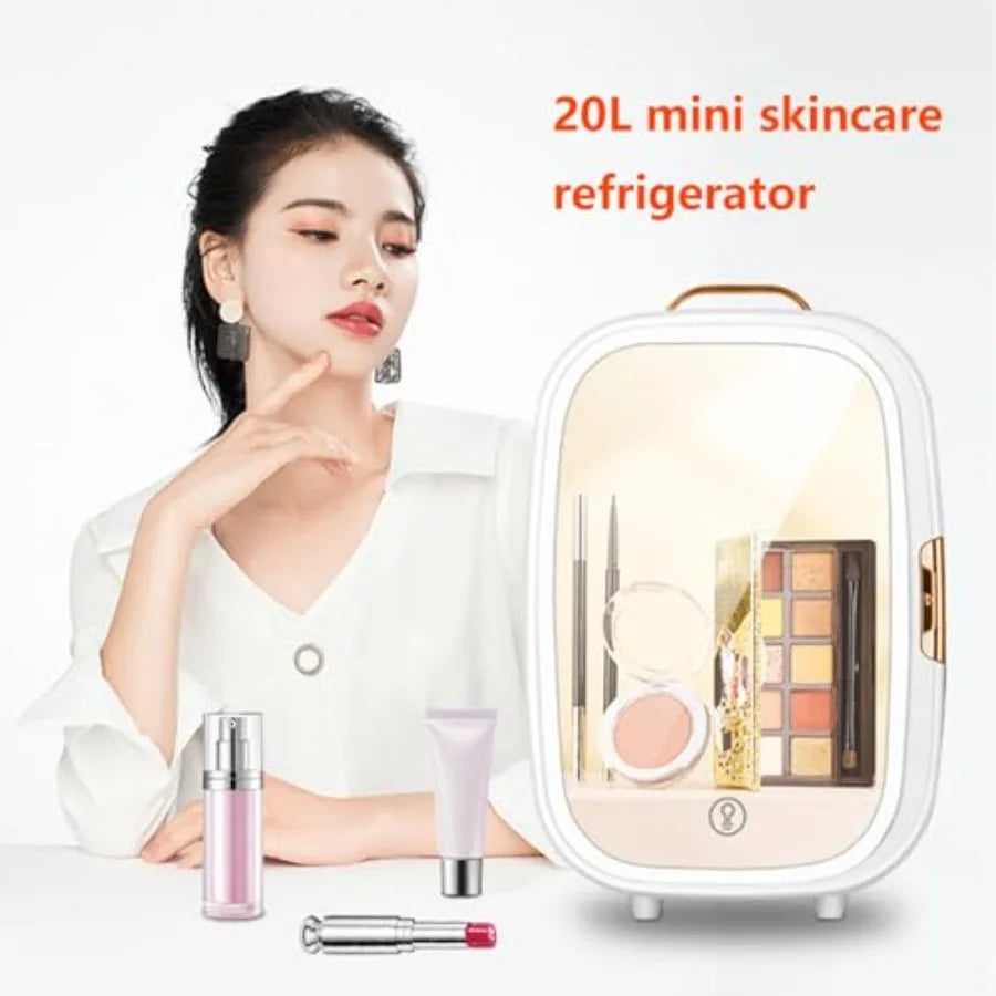 20L Mini Makeup Fridge with LED Mirror AC/DC Portable Beauty Skincare Refrigerator for Skincare Drinks Makeup and Food Bedroom