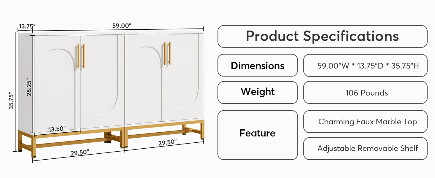 Tribesigns Modern Sideboards, Buffet Cabinet with 4 Doors and Adjustable Shelves (White)