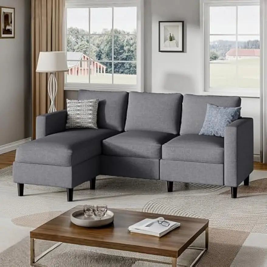 Small 3 Seat L Shaped Sectional Couch with Ottoman Fabric Upholstered Living Room Sofa Ideal for Apartments