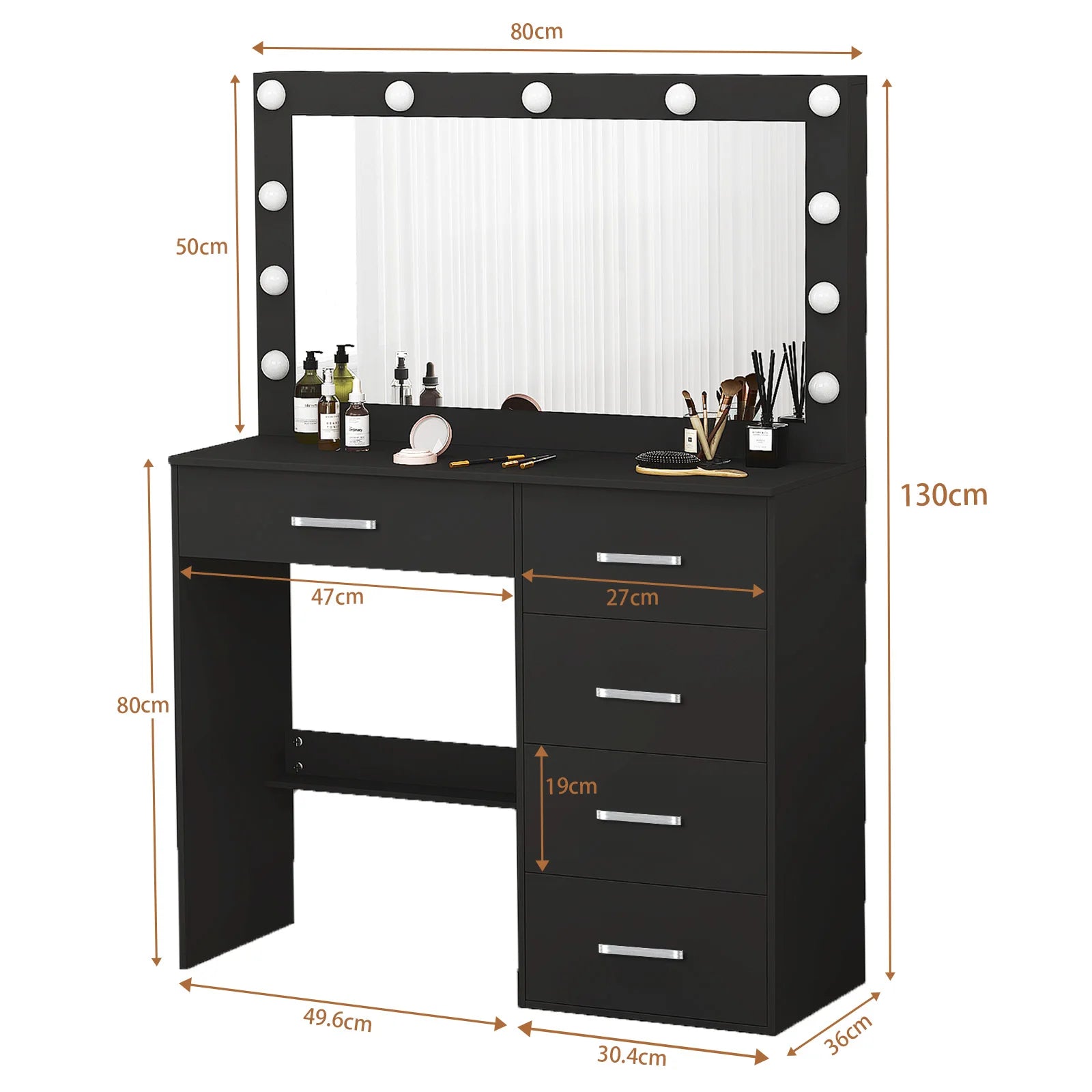 Black Vanity Dressing Table with Large Mirror 11 LED Lights Storage Drawers Bedroom Beauty Station for Women Girls Makeup Desk