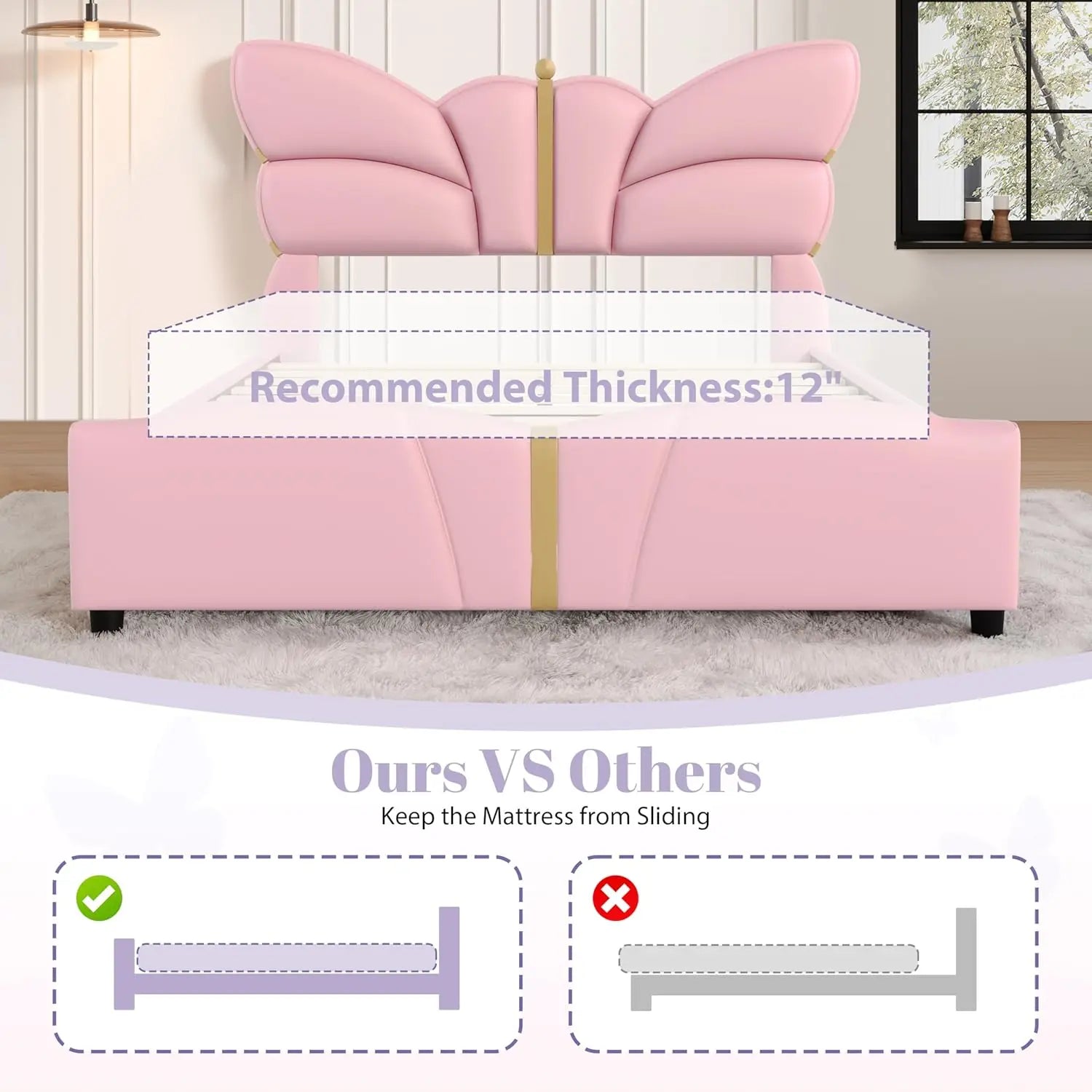 Faux Leather Platform Bed Frame – Butterfly-Shaped Headboard & Footboard (800 lb Support)