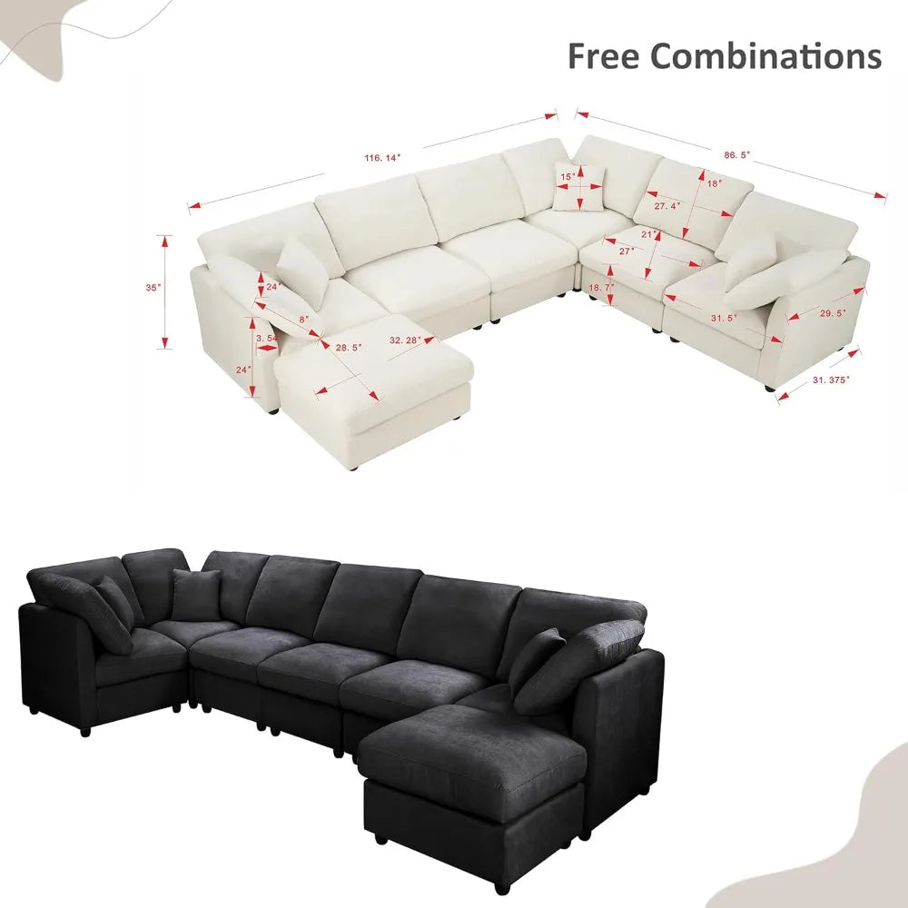 117" Modular Sectional Sofa,U-Shaped Chenille Sofa Couch with Movable Ottoman,Modern 7 Seat Cloud Sectional Couches